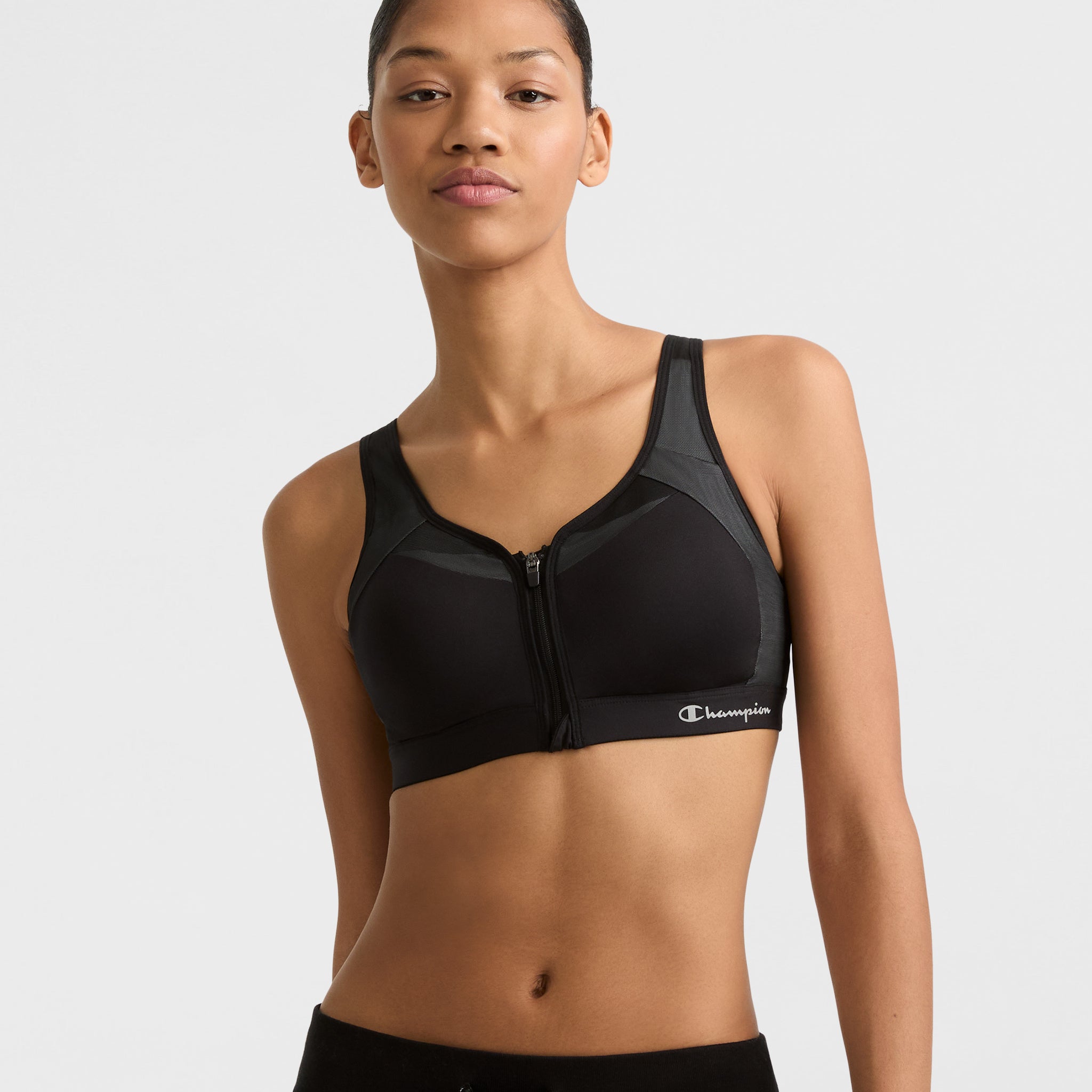 Wirefree Motion Control Sports Bra with Front Zip | Script Logo