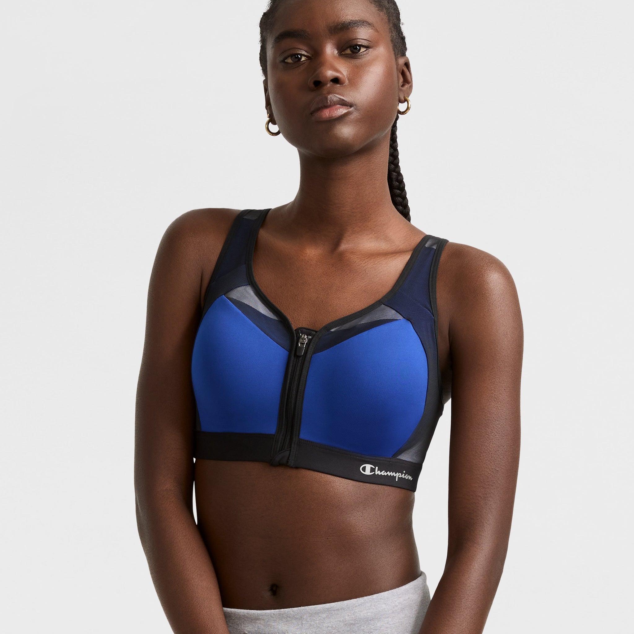 Wirefree Motion Control Sports Bra with Front Zip | Script Logo