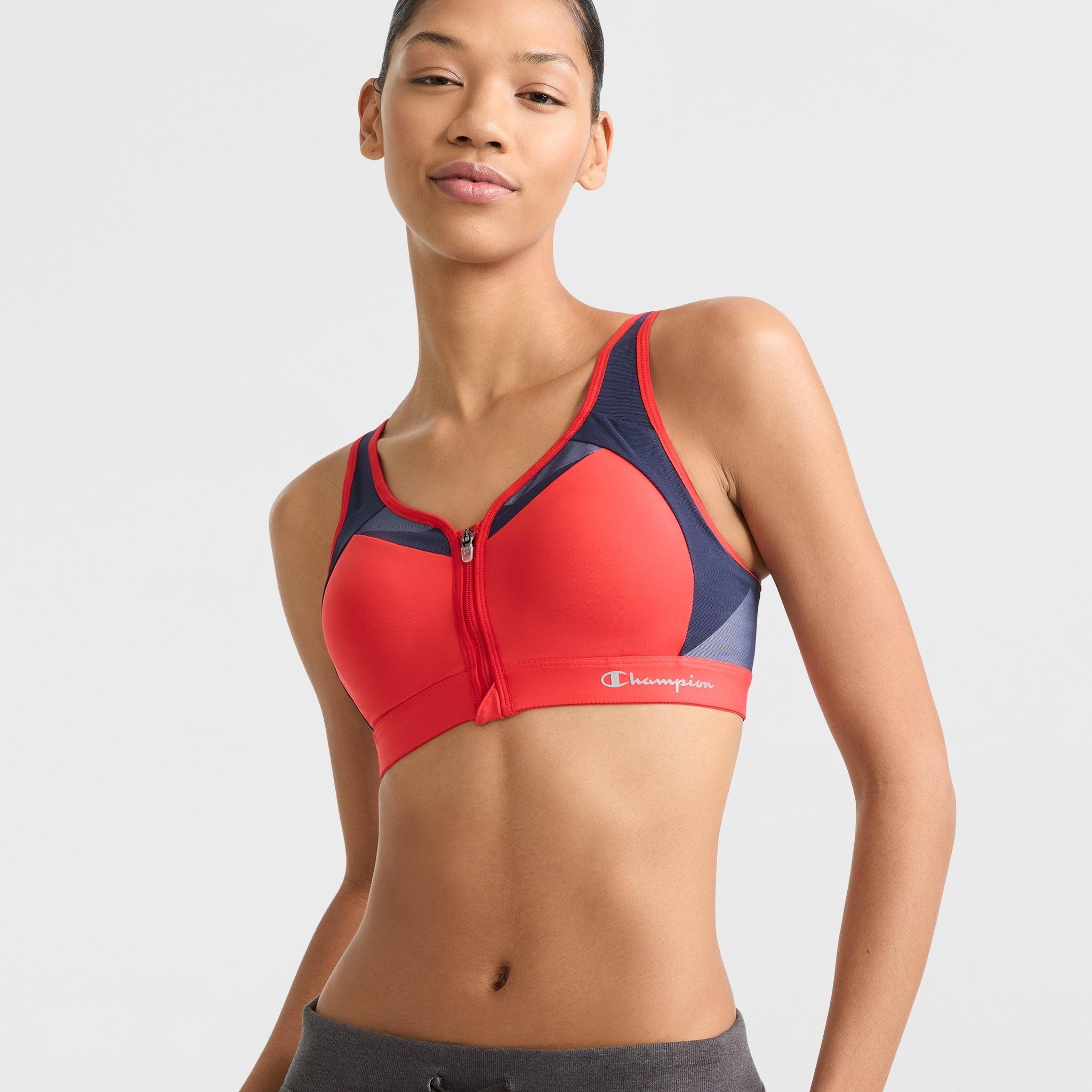 Wirefree Motion Control Sports Bra with Front Zip | Script Logo