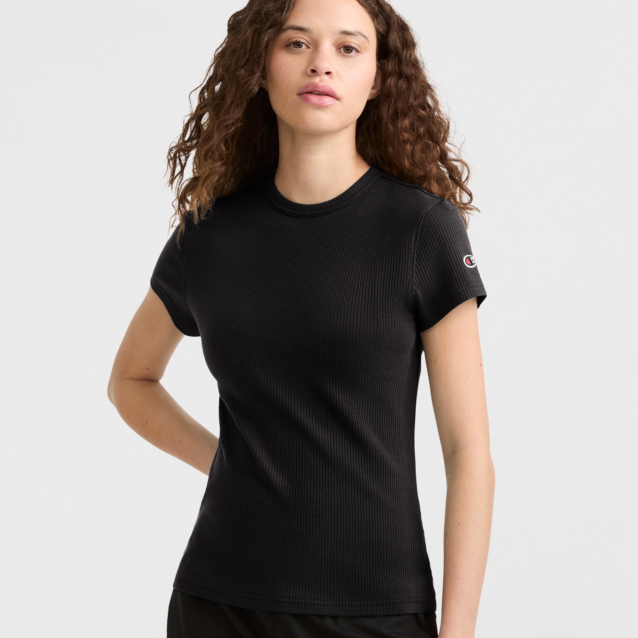 Slim Fit Ribbed Tee with C Patch | Chic Crew Neck T-Shirt