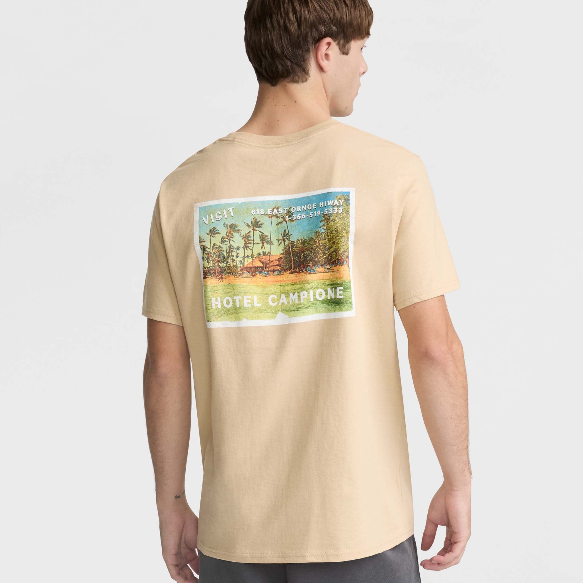 Vintage Tropical Postcard Graphic T-Shirt for Men | Hotel Campione