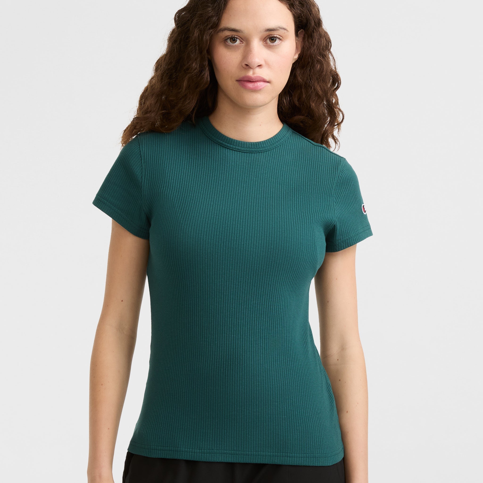Slim Fit Ribbed Tee with C Patch | Chic Crew Neck T-Shirt