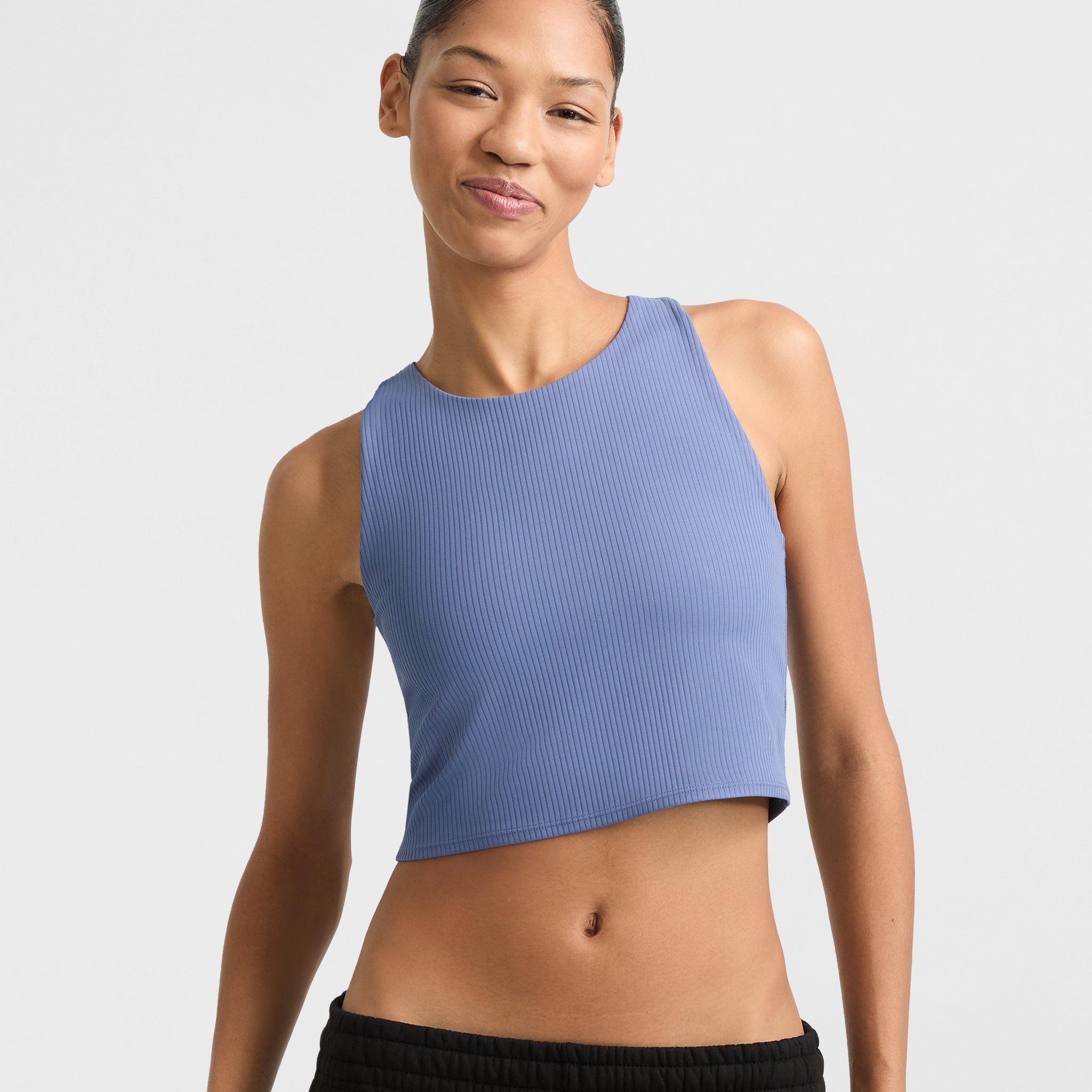 Ribbed Cropped Tank Top with Shelf Bra for Yoga & Pilates | C Logo