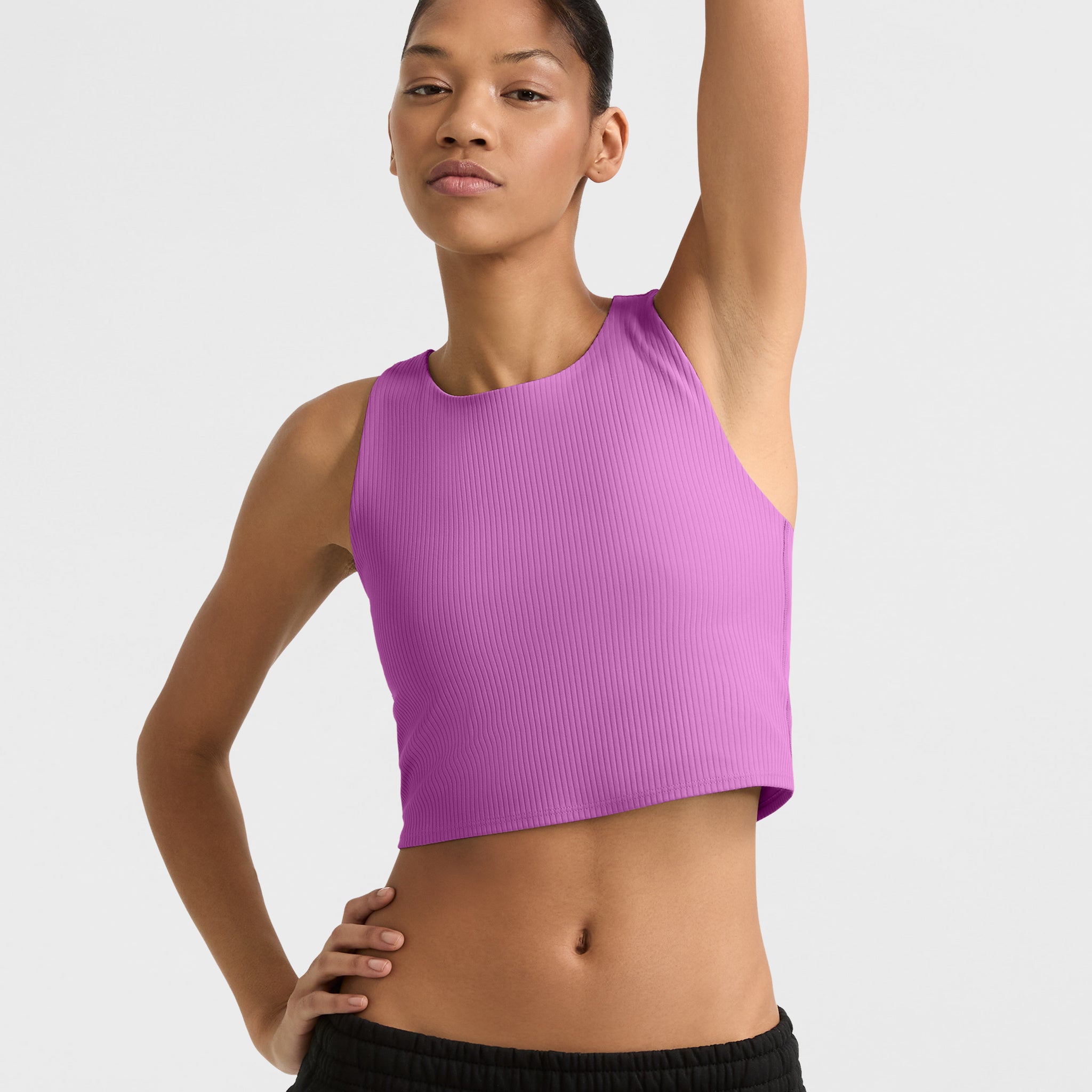 Ribbed Cropped Tank Top with Shelf Bra for Yoga & Pilates | C Logo