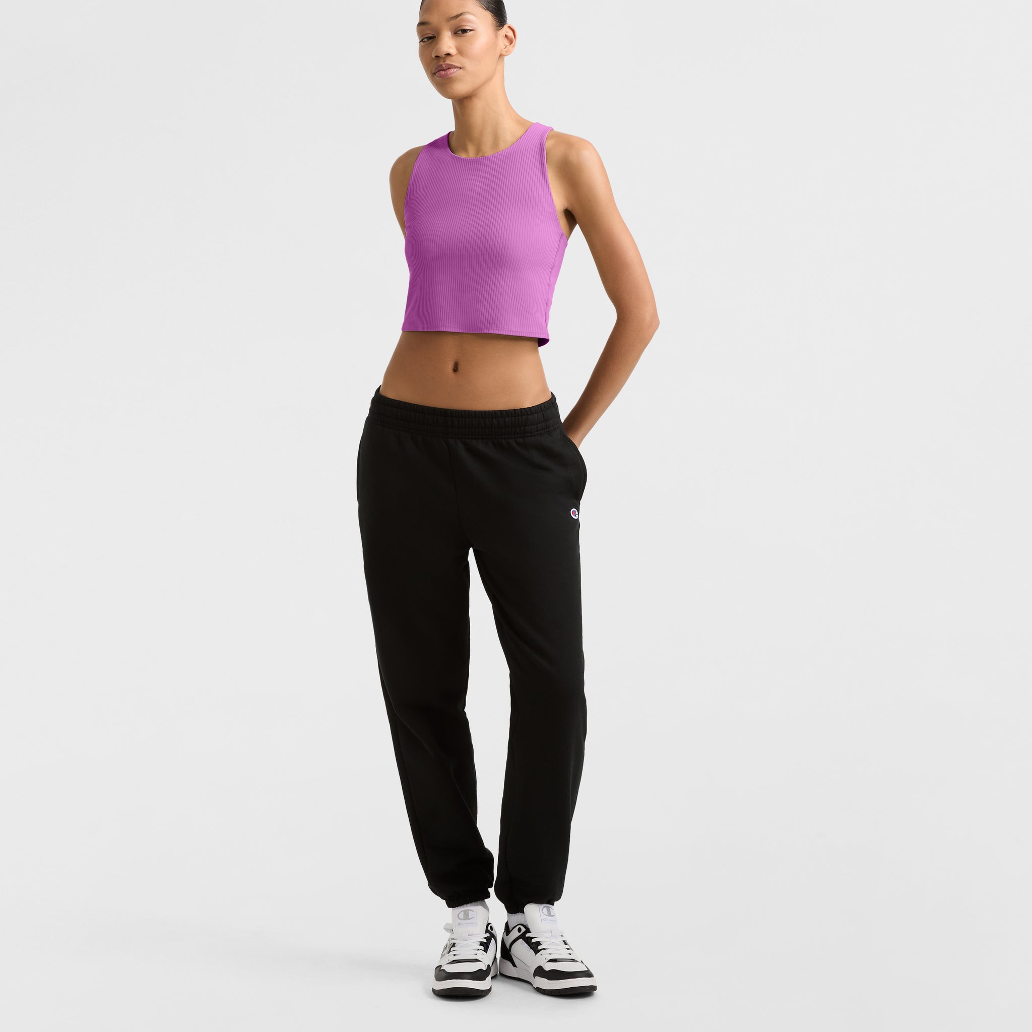 Ribbed Cropped Tank Top with Shelf Bra for Yoga & Pilates | C Logo